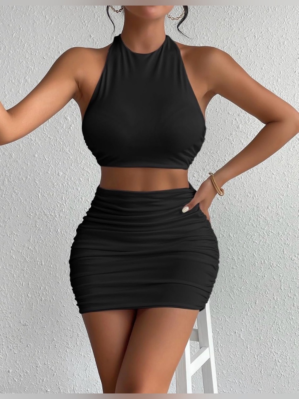Sleek Black Halter Crop Top & Ruched Mini Skirt Set